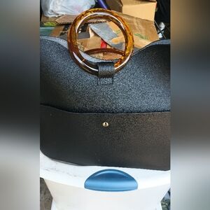 Faux Leather Black Handbag with Tortoise Shell Handle